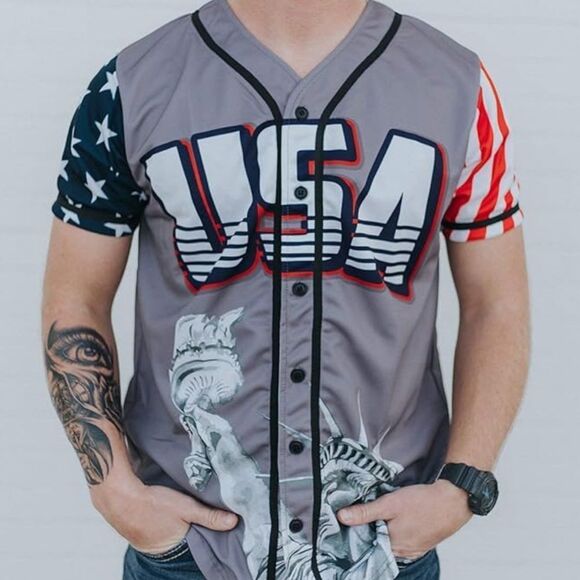 Greater Half Custom Baseball Jersey Button Down USA Grey America #1 Size Medium - Picture 1 of 17